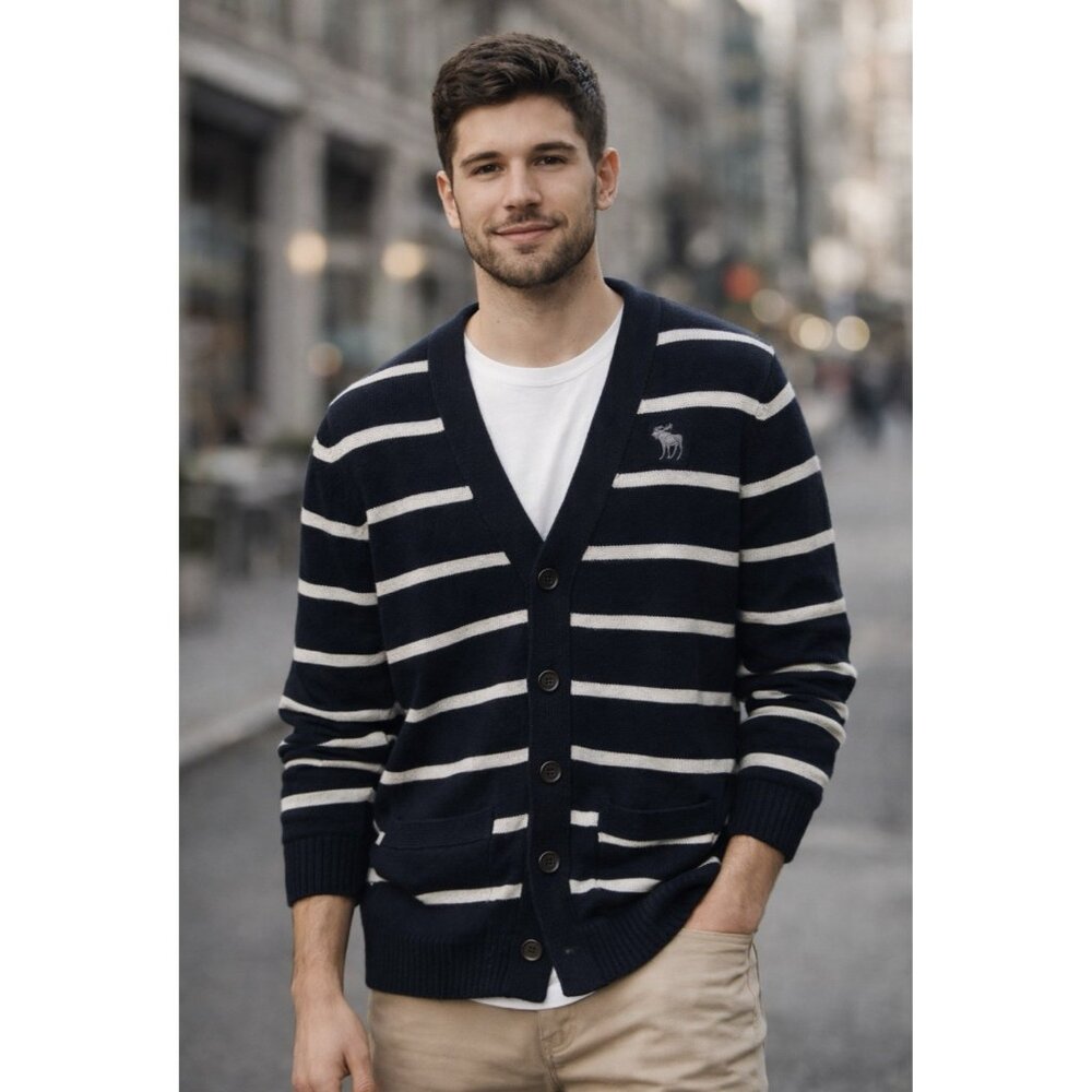 Abercrombie & Fitch Cardigan Sweater Mens Large Navy Chunky Y2K Vtg FITS SMALLER